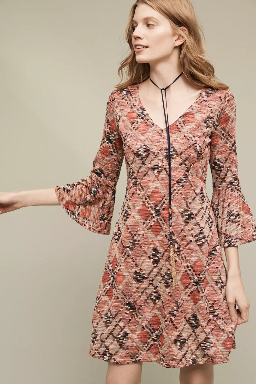Maeve Anthropologie Geometric Knit Dress M Pink Argyle Bell Sleeve Boho